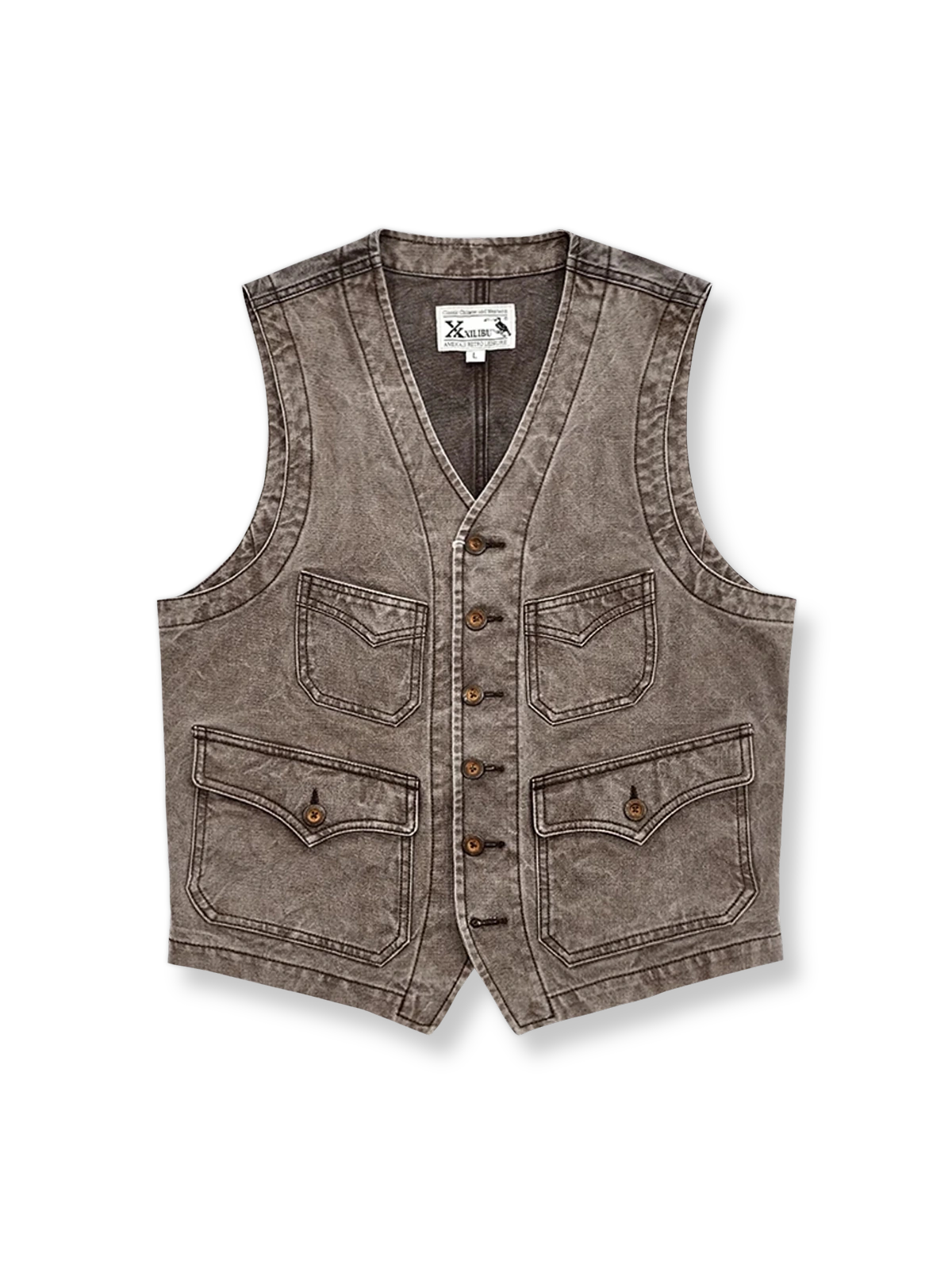 水洗いと抜染処理でヴィンテージ風に仕上げたコットンキャンバス製ワークベスト。複数ポケットとルーズシルエットが特徴。