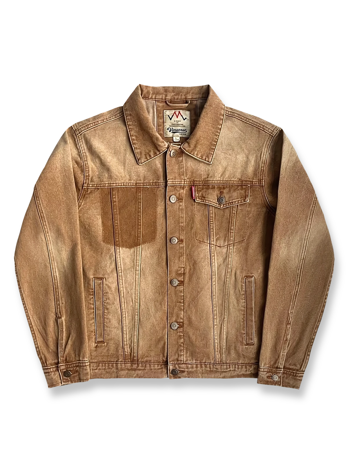 ヴィンテージ加工デニムジャケットの全体正面画像、左右胸ポケットと開襟ディテール。