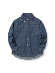 ヴィンテージウォッシュ加工とリジッドデニム、貝ボタン付き長袖シャツのフロントビュー商品画像