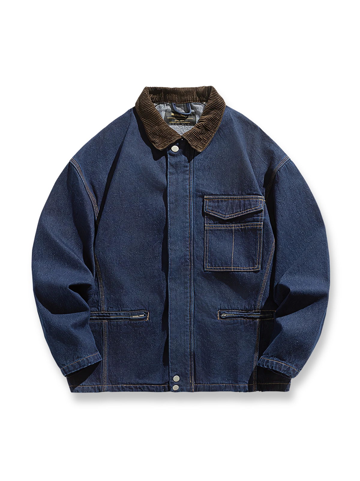 ヴィンテージウォッシュオープンカラーワークデニムジャケットの全体正面画像、コーデュロイ襟とジッパーポケットのディテール。