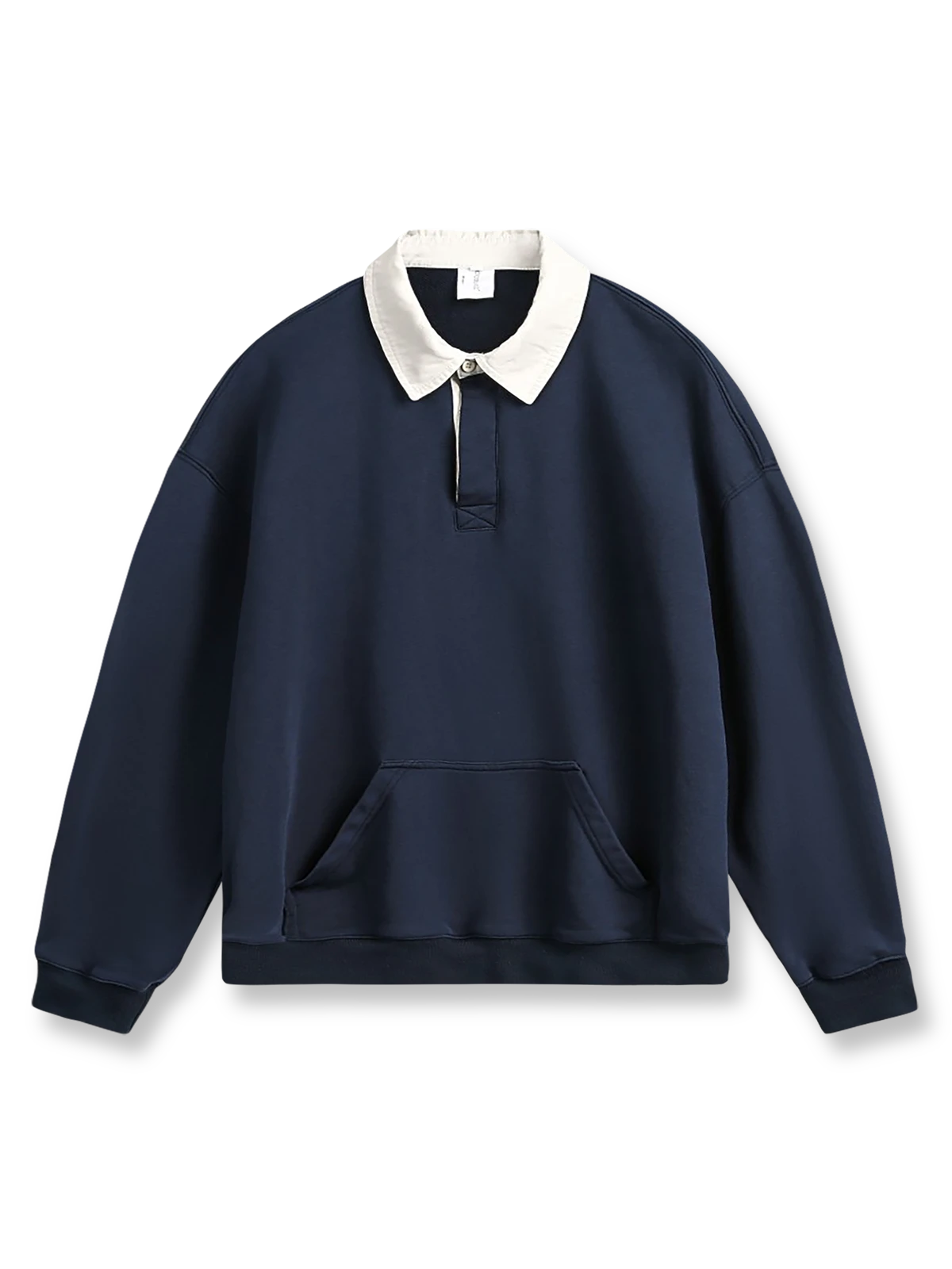 ヴィンテージ加工ポロカラースウェットの全体正面画像、カンガルーポケットとリブ仕様の袖口裾のディテール。