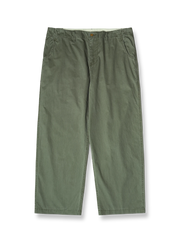 ヴィンテージ加工スラブ織りテクスチャーパンツの全体正面画像、竹節模様とヘリンボーン切り替えウエストのディテール。