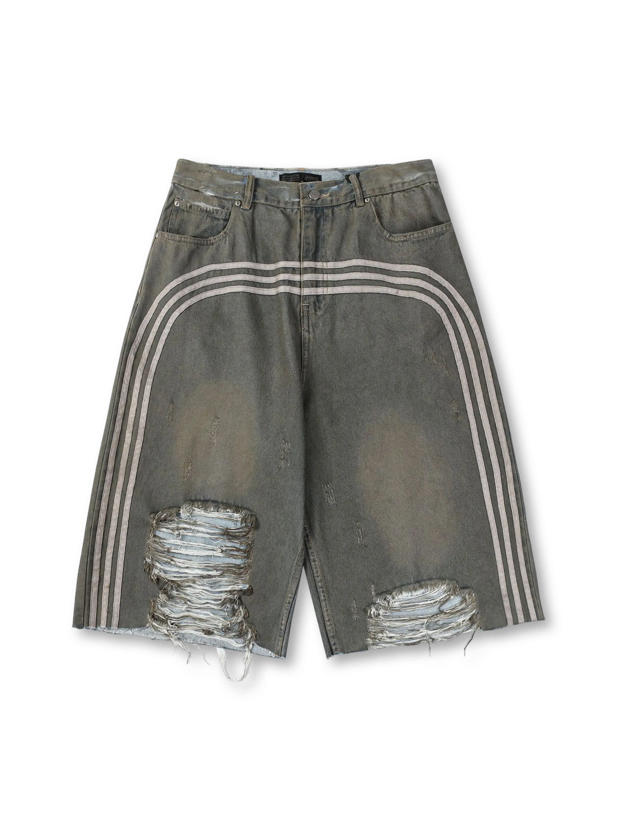 ミリタリーオリーブのウォッシュドコットンデニムにホワイトストライプとダメージ加工を施したヴィンテージ風ストレートショーツ