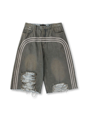 ミリタリーオリーブのウォッシュドコットンデニムにホワイトストライプとダメージ加工を施したヴィンテージ風ストレートショーツ