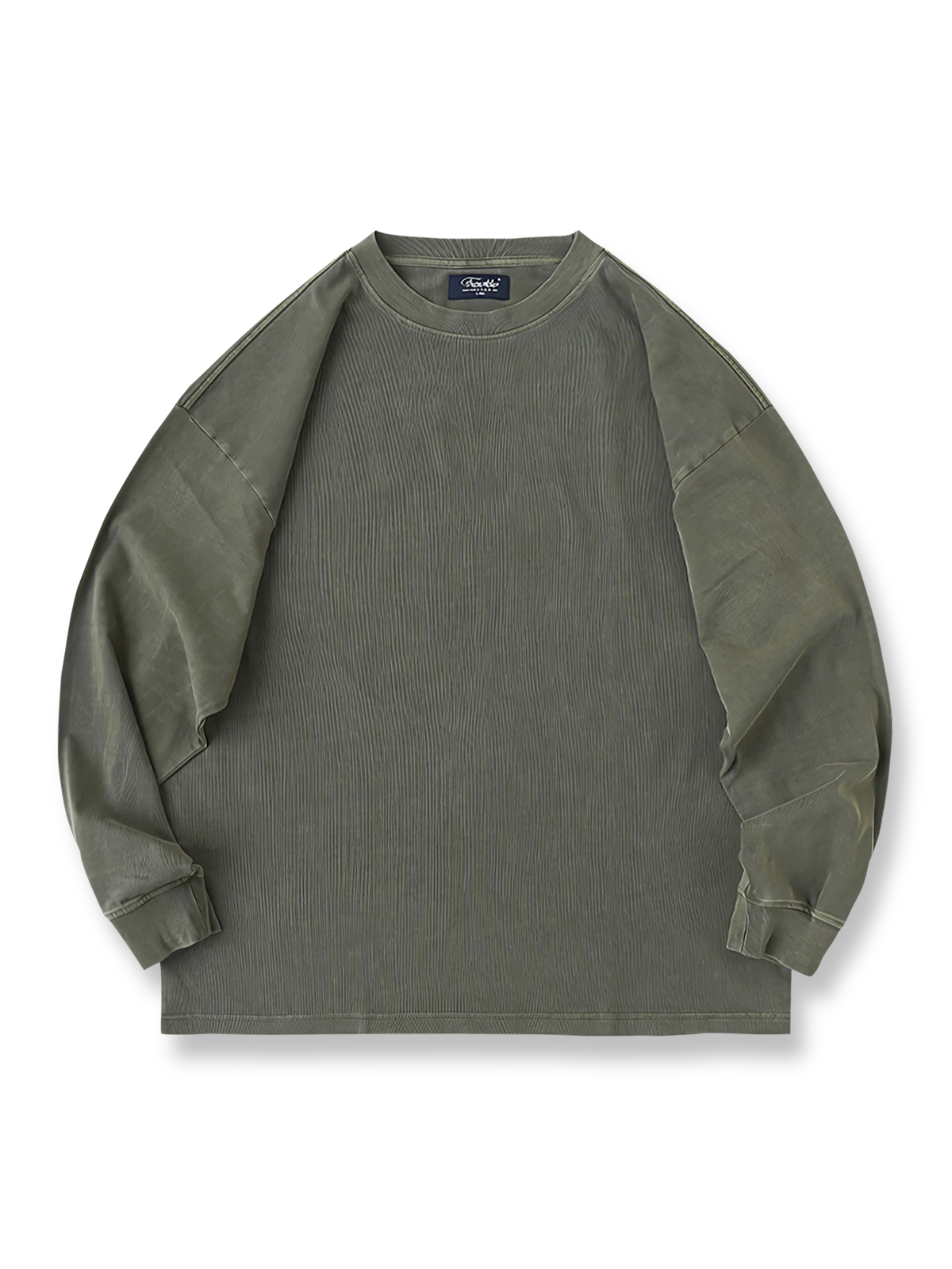 ヴィンテージ蝋染めワークスウェットシャツの全体正面画像、蝋染めの色彩と高密度ステッチのディテール。