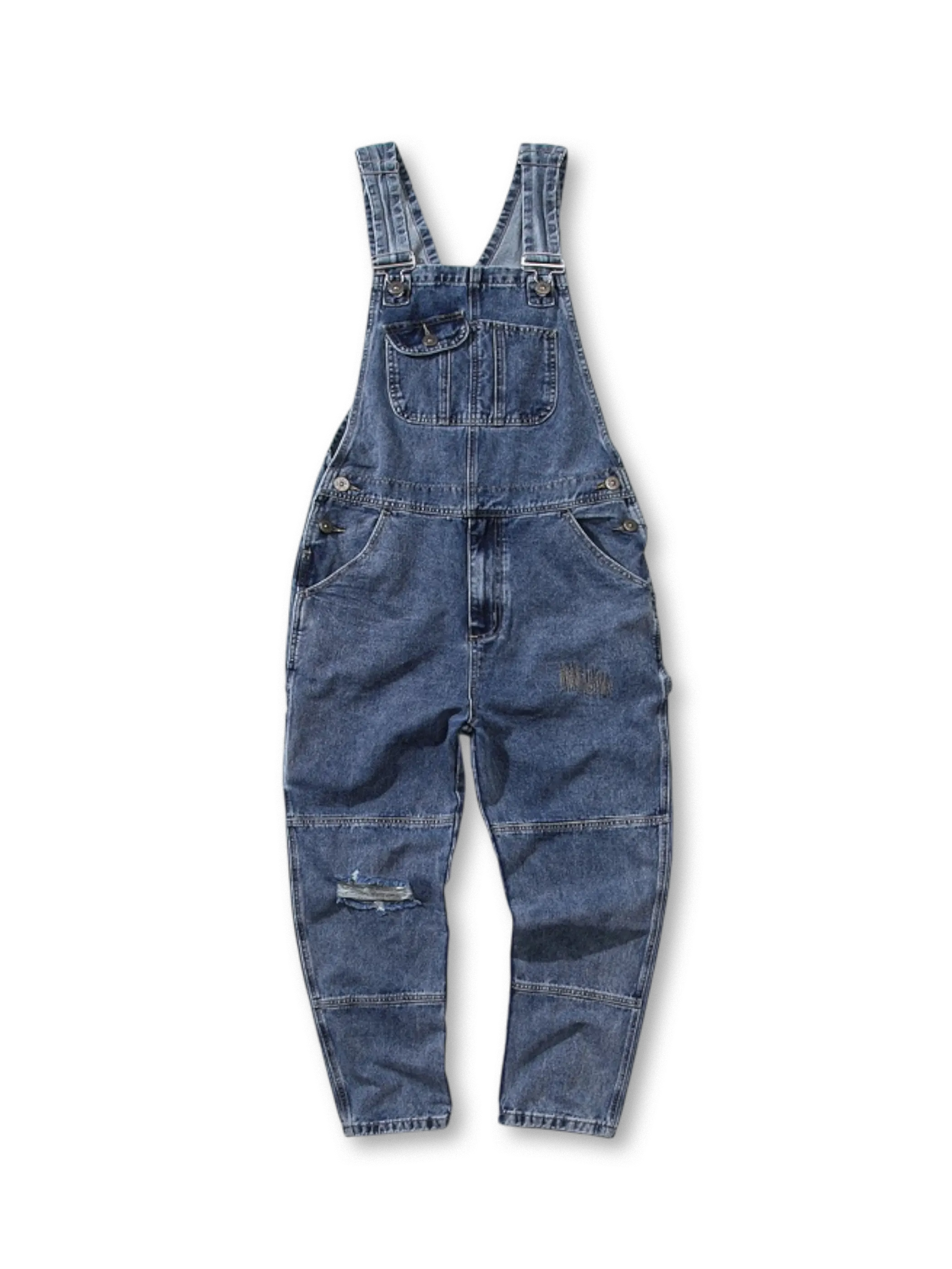 1920〜40年代のアメリカワークウェアを再現したダメージ加工入りデニムオーバーオール。