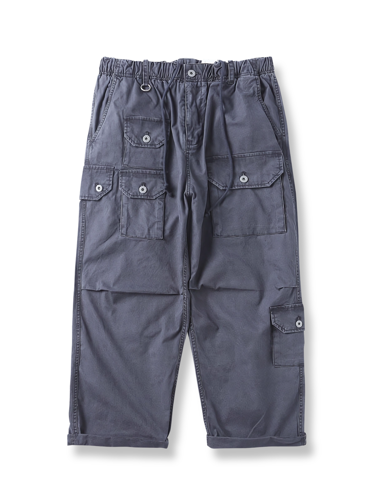 マルチポケットとウエストゴム・ドローコードが特徴のヴィンテージ風ワークカジュアルパンツの全体像。
