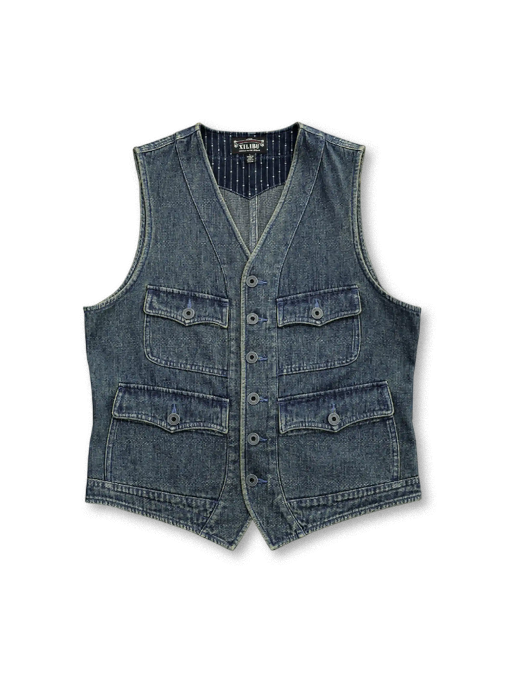 ハニカム模様と靛藍染めが特徴のユニセックスヴィンテージワークベスト。多様なシーンにマッチ。