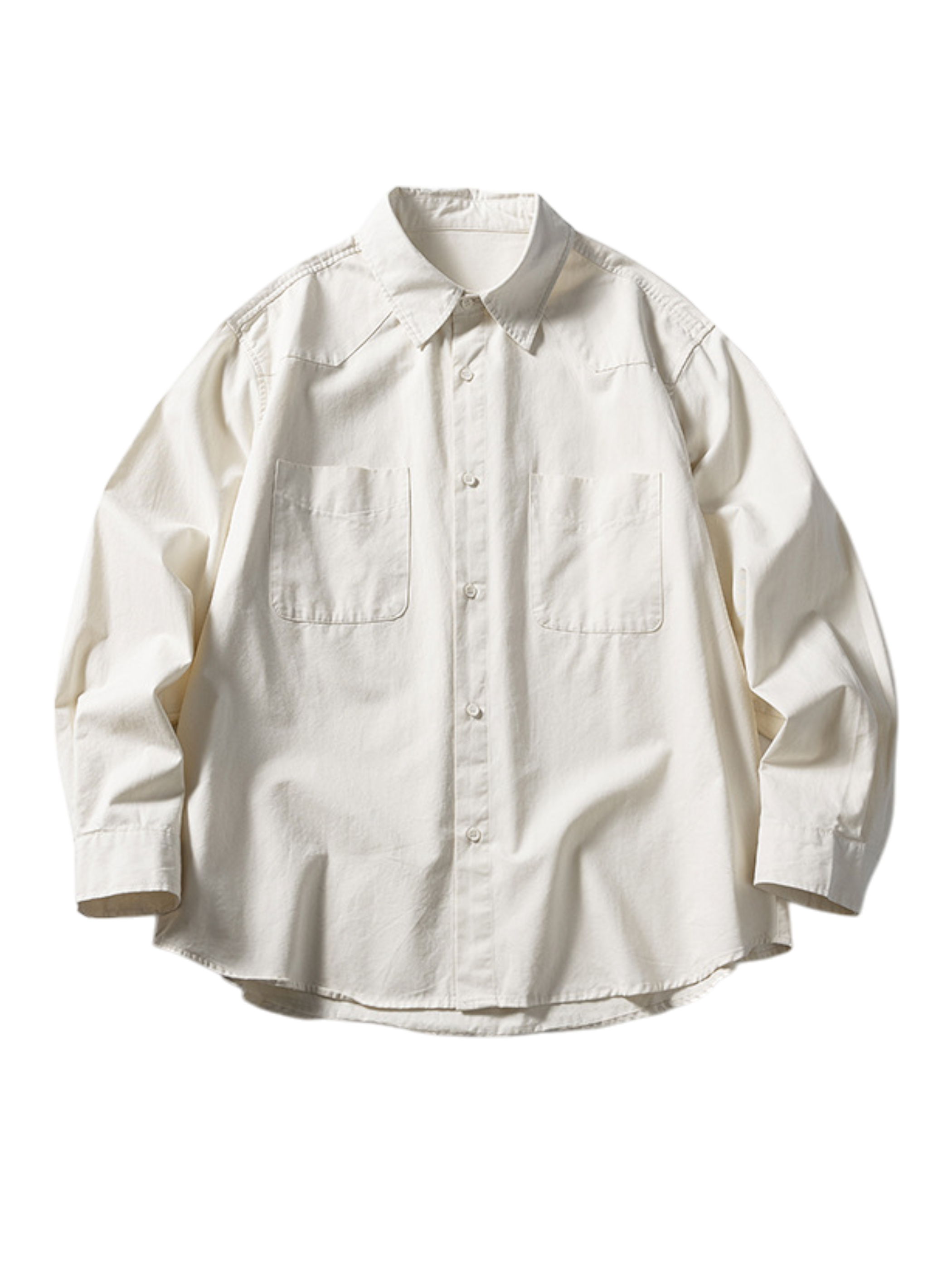 100%コットン使用のワークウェア風ダブルポケット付き長袖シャツ。ゆったりシルエットと快適なカッティングが特徴。