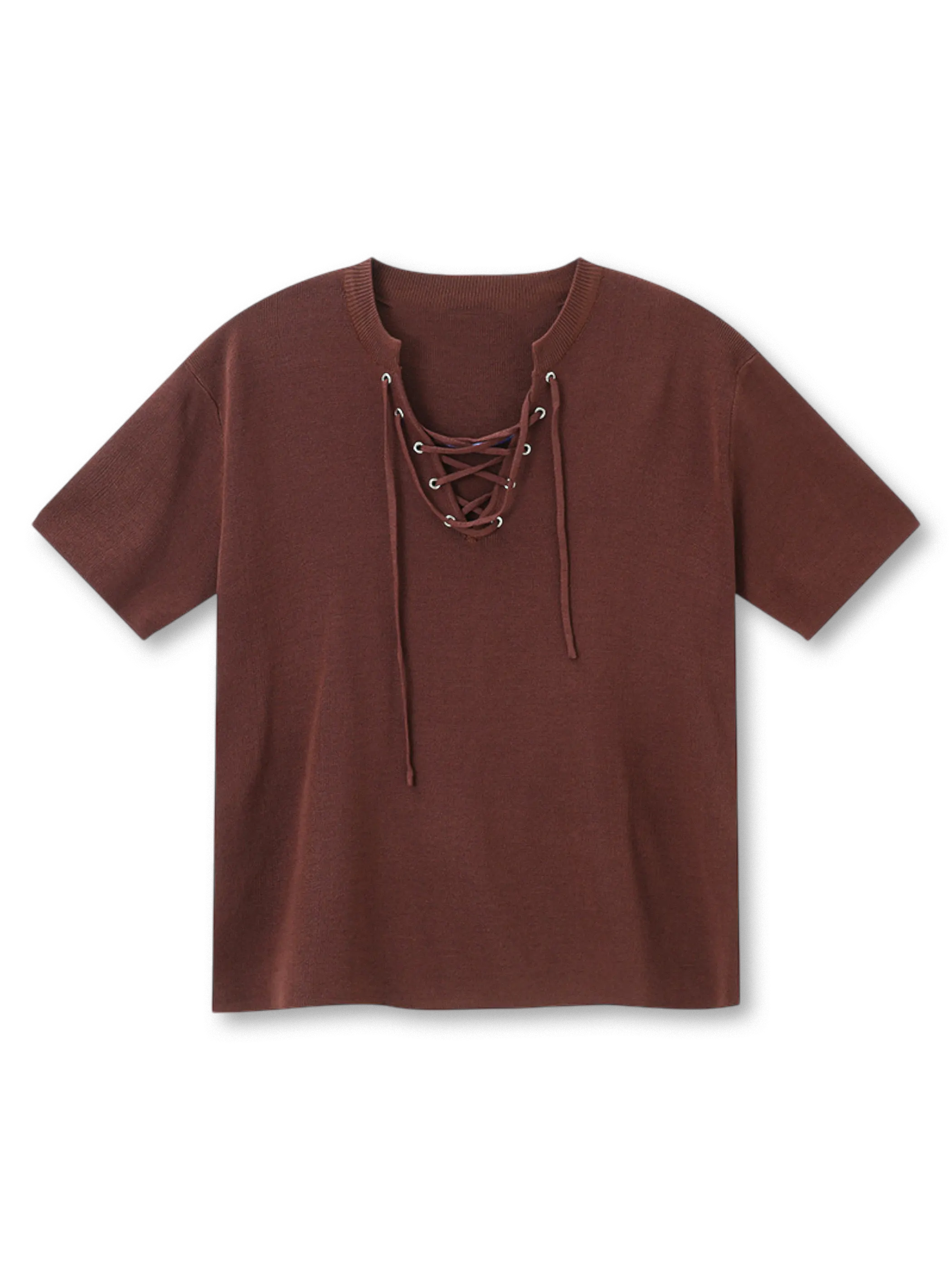 柔らかなビスコース糸のレースアップVネックニットトップ