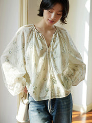 ウォーターグリーンVネックシフォンブラウス