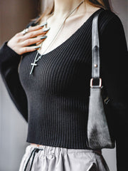 Vネックリブニットセーター