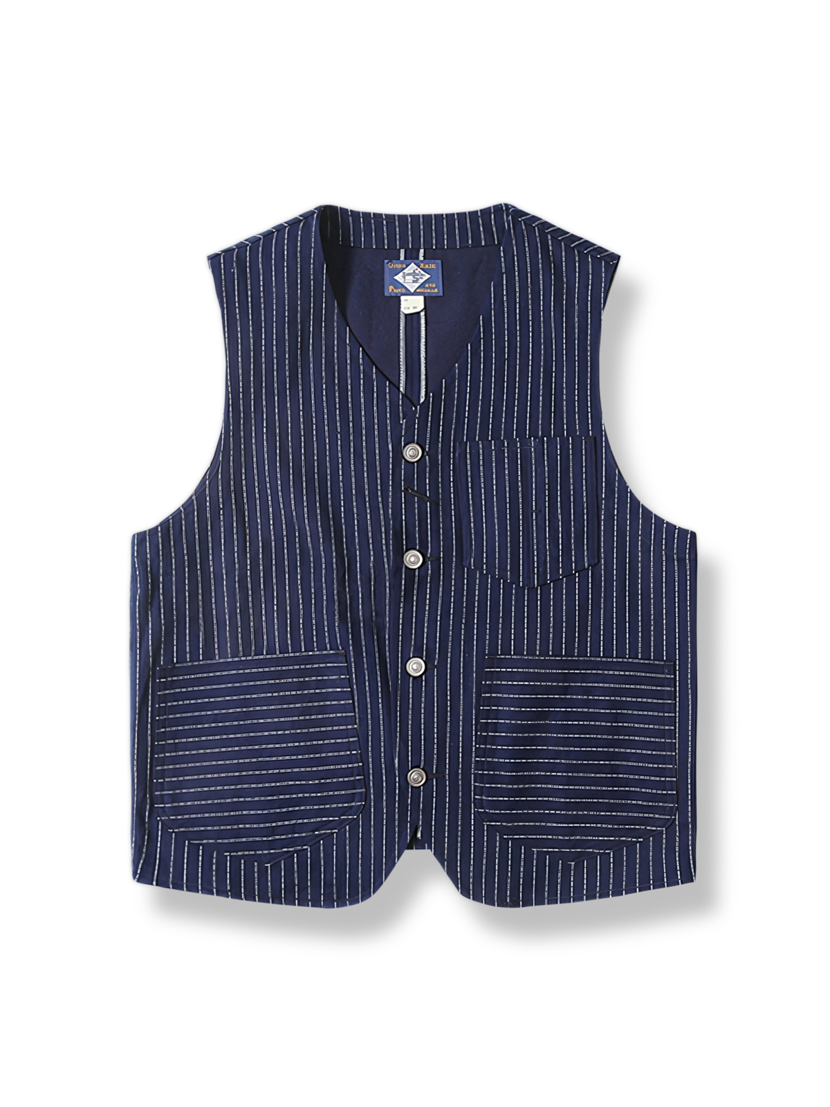 WABASH点状拔染技術によるインディゴブルーと赤耳ストライプのワークベスト。