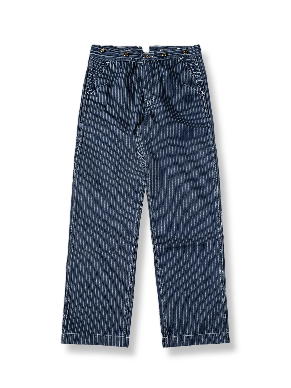 WABASHバッティックのドットストライプが特徴のハイウエストストレートデニムパンツ。