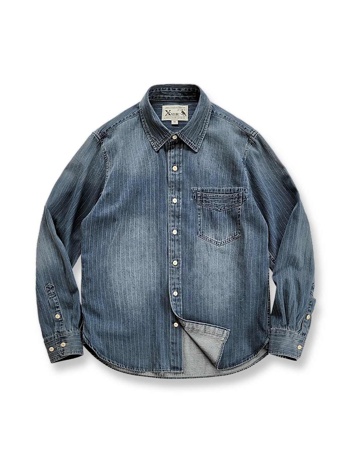 Wabash抜染のストライプ柄が映えるリラックスフィットデニムシャツジャケット。