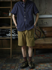 インディゴハートパターン抜染リネンコットンWabashワークシャツ