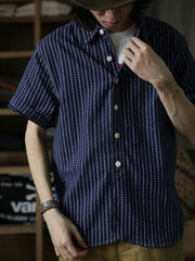 インディゴハートパターン抜染リネンコットンWabashワークシャツ