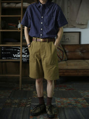 インディゴハートパターン抜染リネンコットンWabashワークシャツ