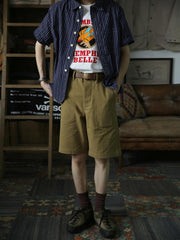 インディゴハートパターン抜染リネンコットンWabashワークシャツ