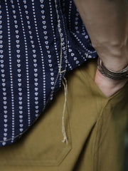 インディゴハートパターン抜染リネンコットンWabashワークシャツ