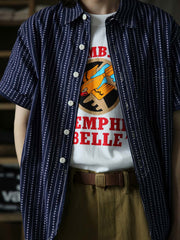 インディゴハートパターン抜染リネンコットンWabashワークシャツ