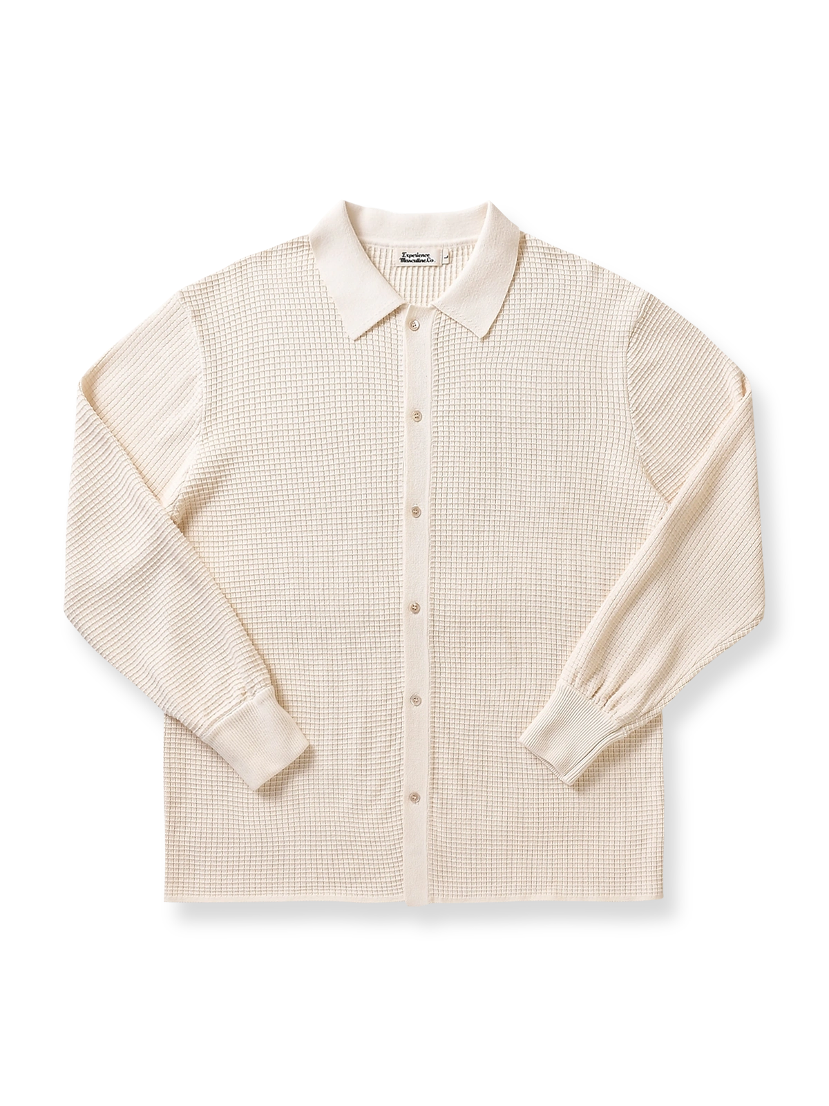 ワッフル編みのキューバシャツ風ニットシャツ