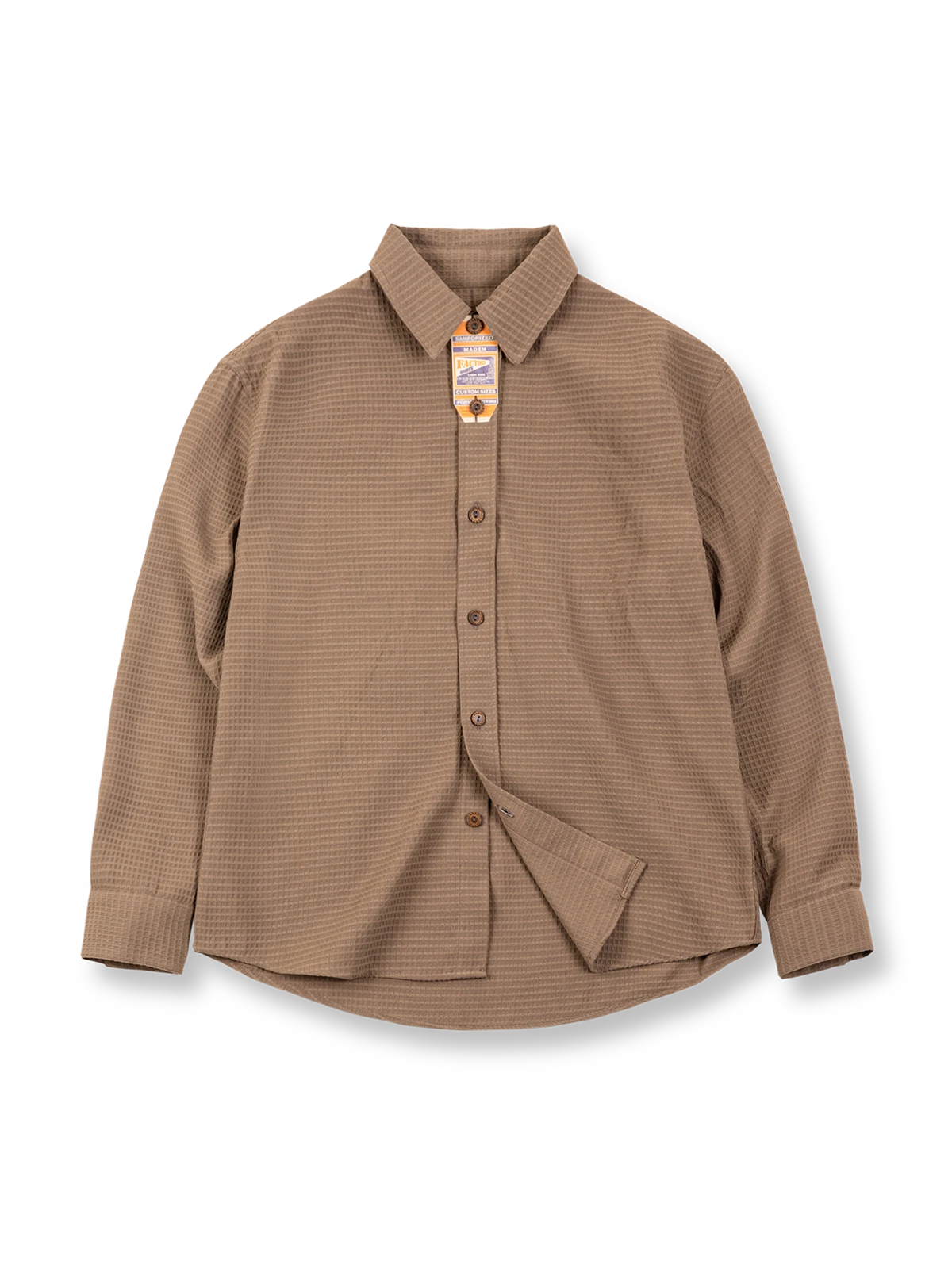 ワッフル織り生地の通気性と保温性を兼ね備えた無地長袖シャツ、ライトグレーとニュアンストーンの2色展開