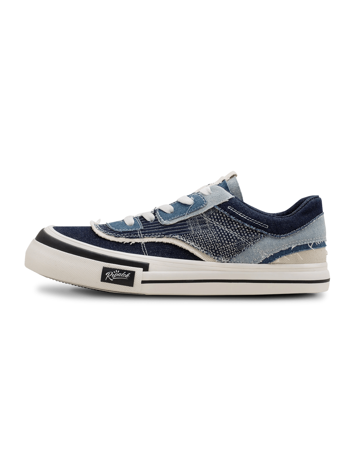 ウォッシュデニムと刺し子布のパッチワークカジュアルシューズ