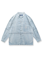 ウォッシュ加工と刺し子刺繍が特徴のスタンドカラーデニムシャツ。