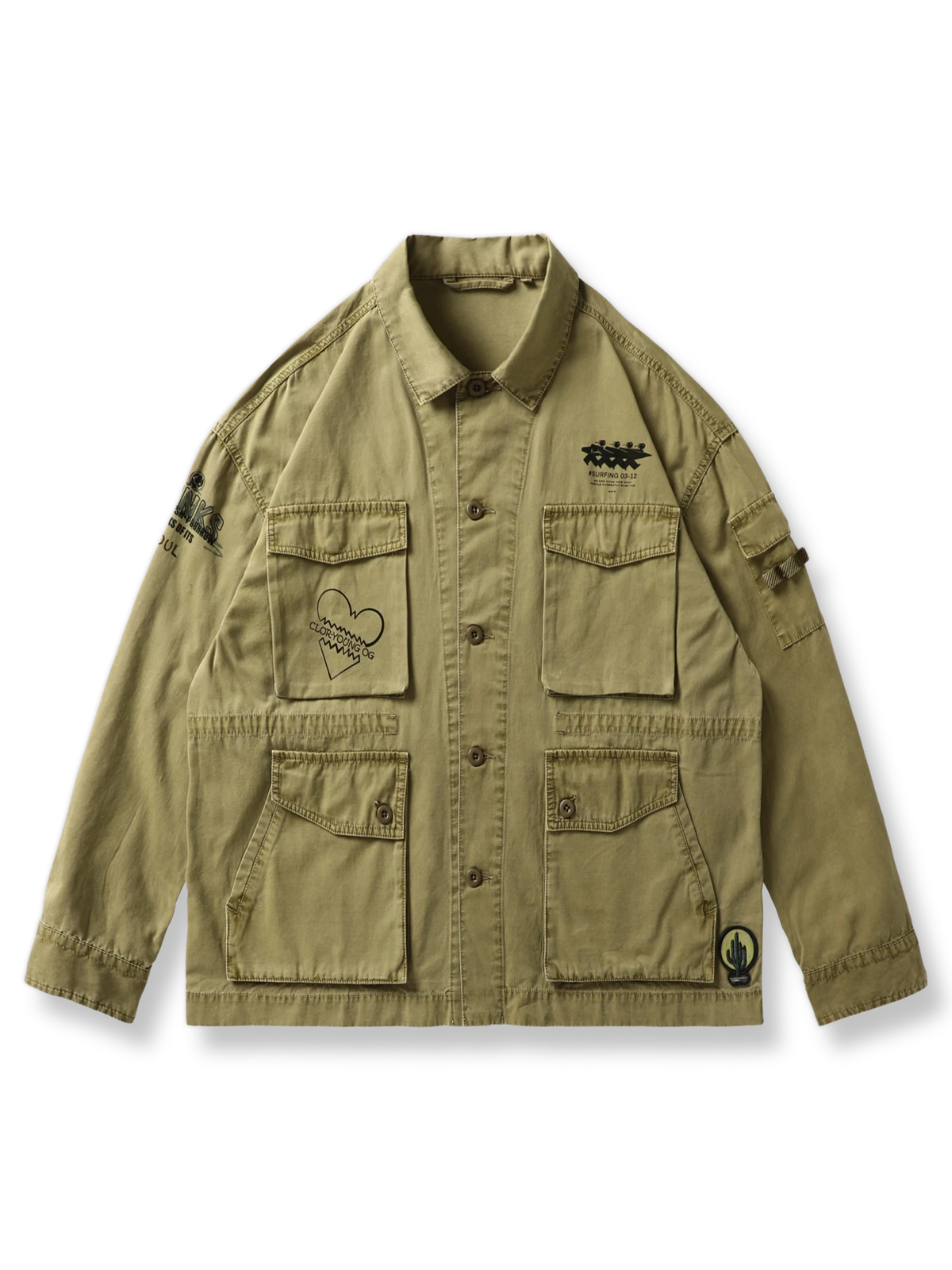 ウォッシュドバティック加工と多色プリント、4ポケットが特徴のワークジャケットの全体像。