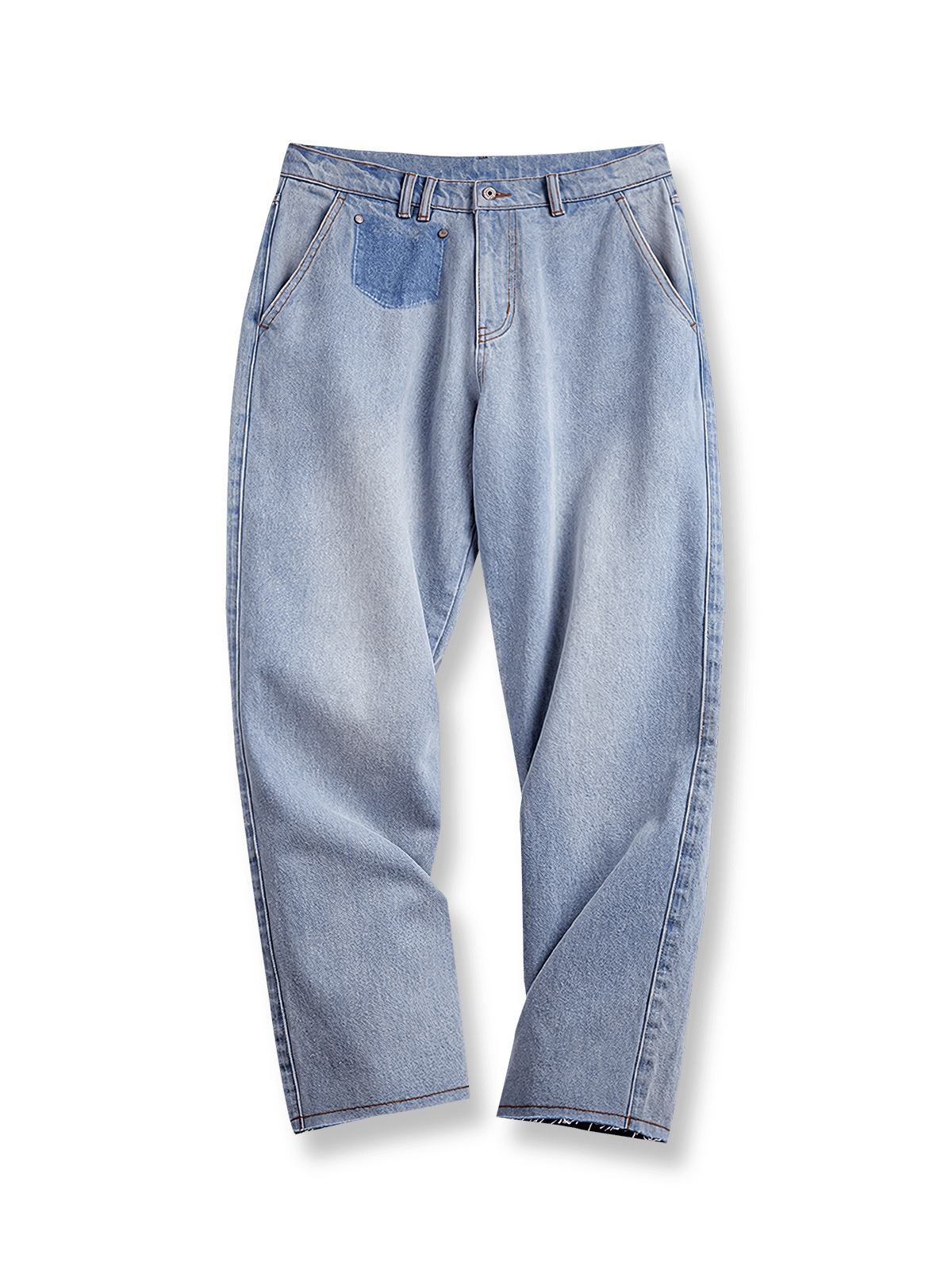 ウォッシュドブルーフリンジデニムパンツ。