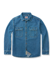 ルーズフィットとフラップポケットが特徴のヴィンテージウォッシュデニムシャツ