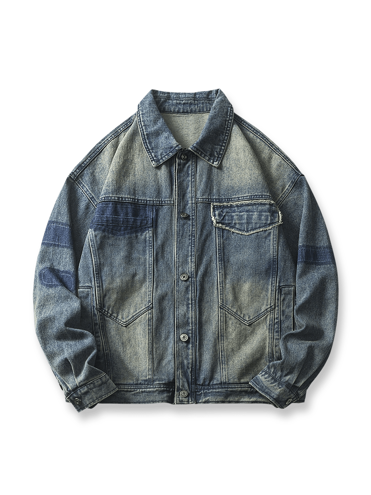 ウォッシュド加工とカラーパッチが特徴のデニムジャケットの全体像。