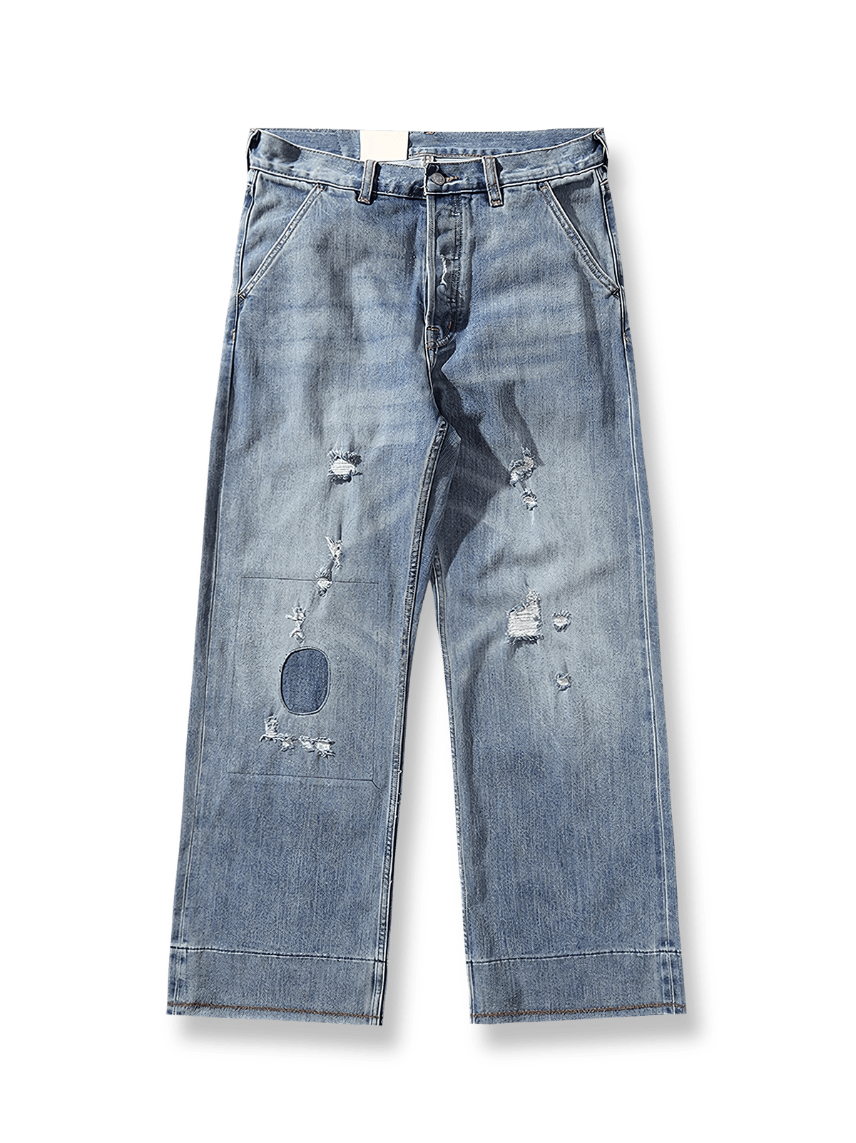 ウォッシュ加工ダメージワイドレッグジーンズ。