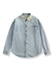 ウォッシュ加工デニム素材の長袖シャツ、コントラストカラーの襟付き