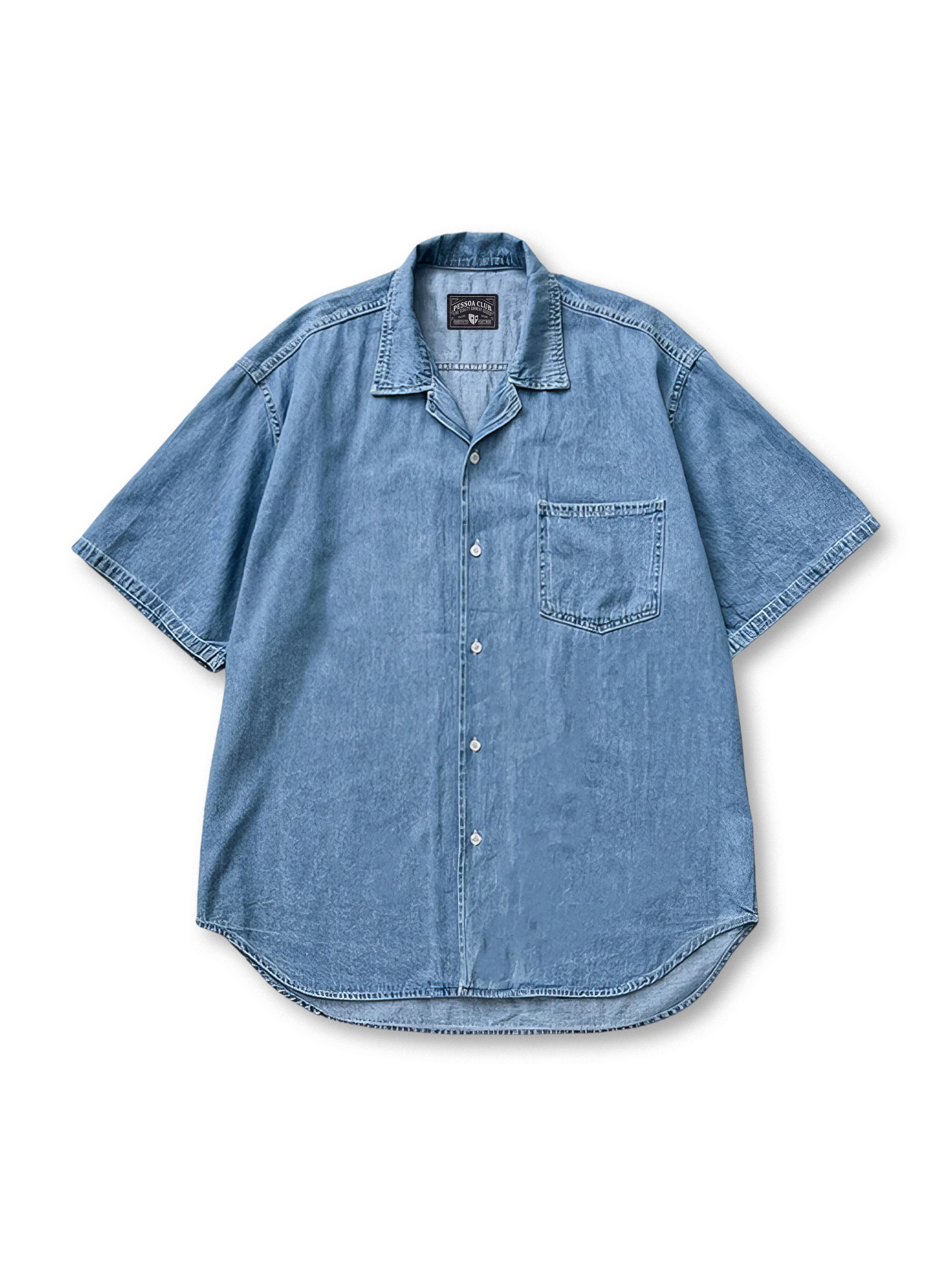 1960~70年代風ウォッシュドデニムのオープンカラーシャツ