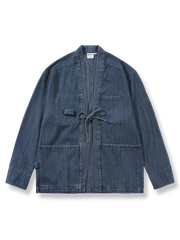 ポケット付きのウォッシュドデニムはんてん