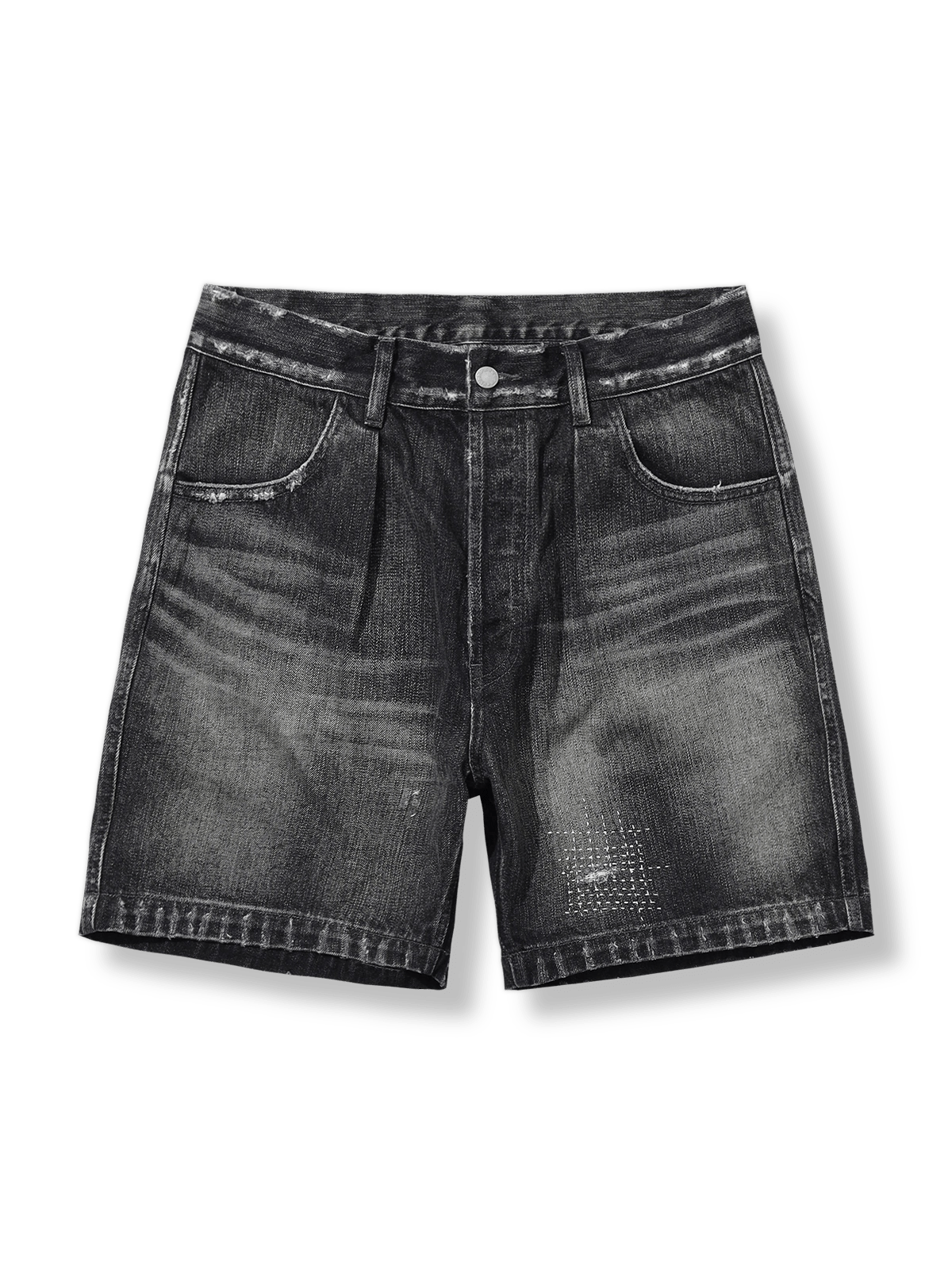 刺し子加工が施されたウォッシュデニムショーツ