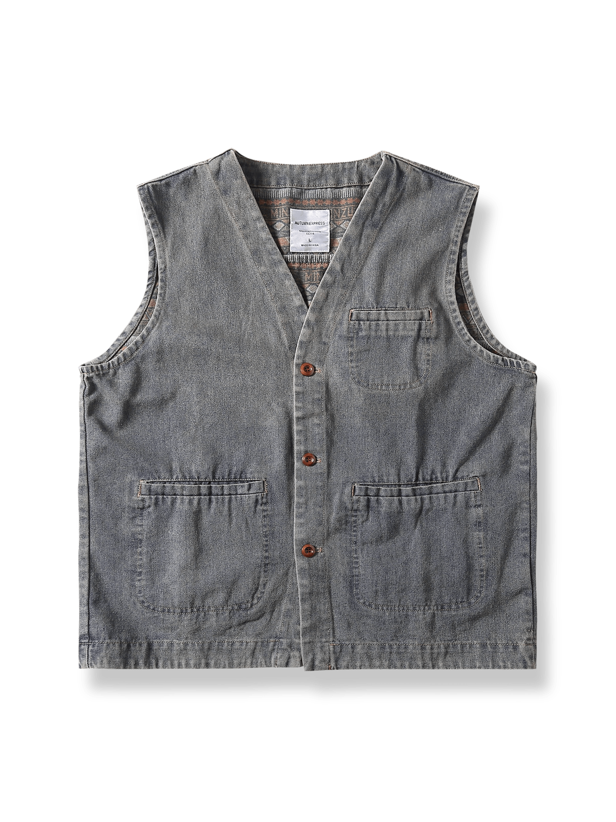 民族柄ライニングが映えるウォッシュドデニムベスト