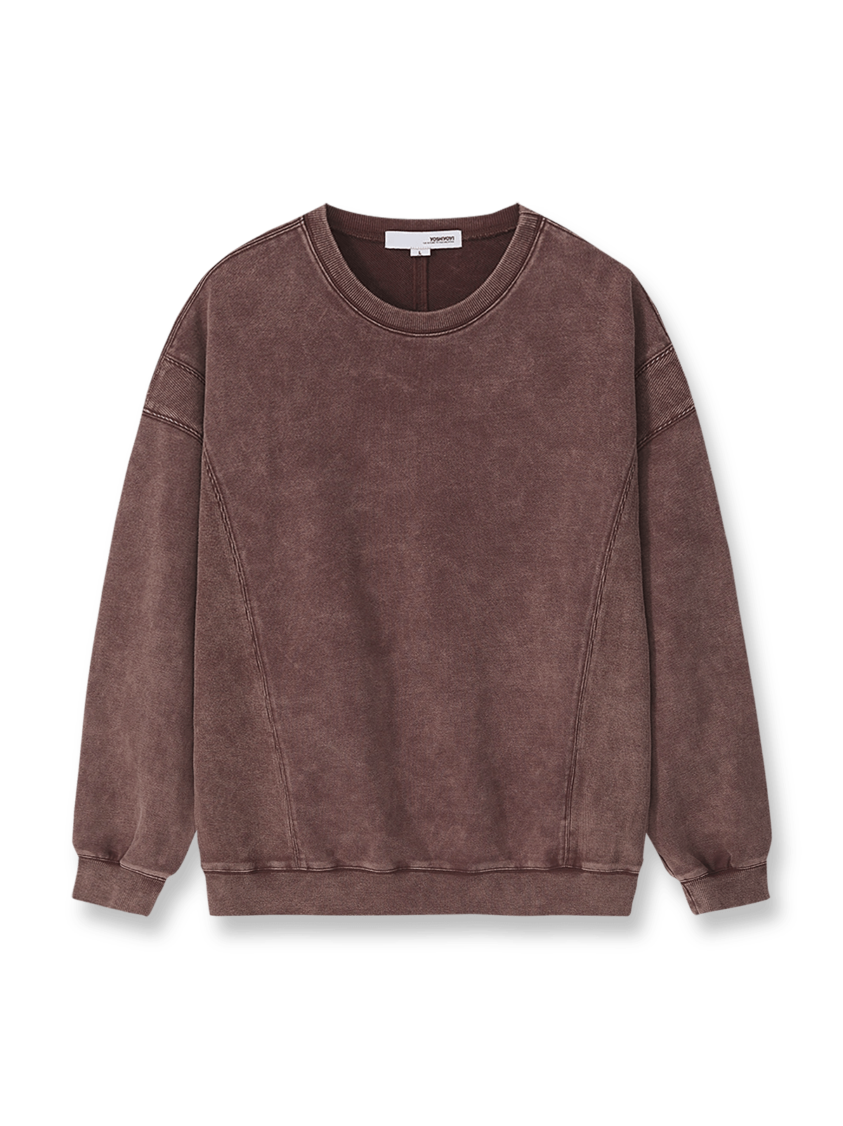 ウォッシュドフェード加工と切り替え配色が特徴の400gヘビーウェイトコットンクルーネックスウェットの全体像。