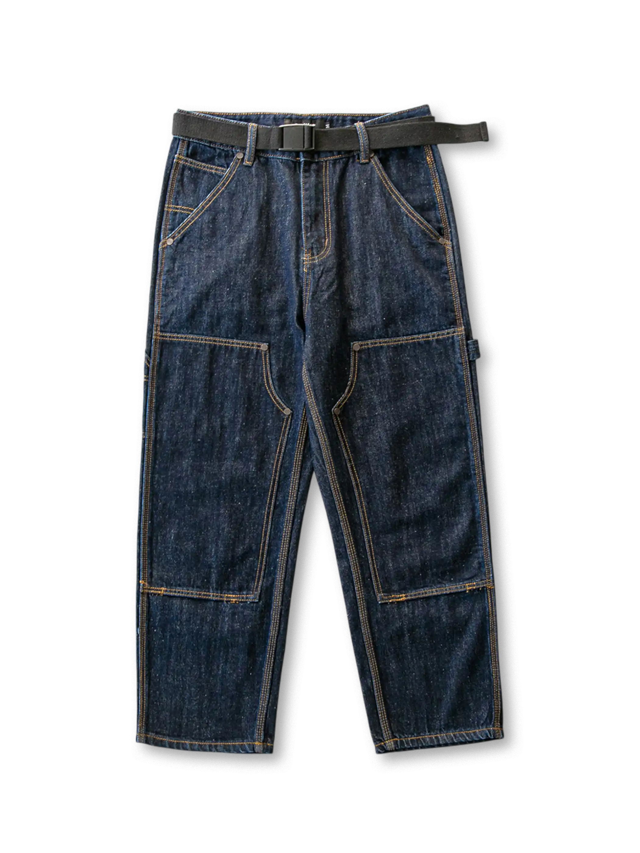 膝パッチとウォッシュ加工が特徴のワークスタイルデニムパンツ