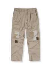 ウォッシュド加工とマルチカラーパッチワークが映えるワークパンツ