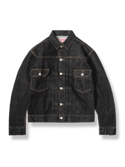 ウォッシュ加工された赤耳デニムジャケット