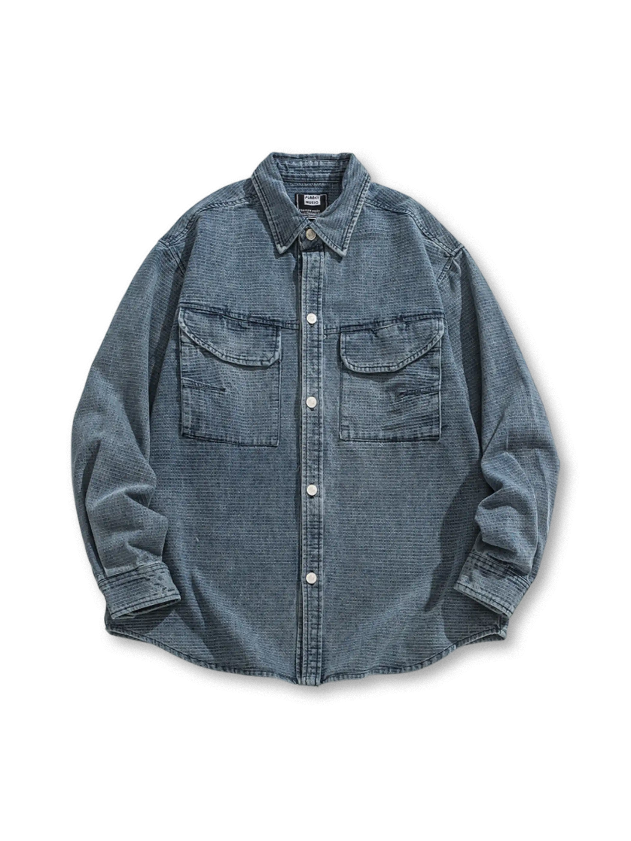 雪花柄ウォッシュ加工が施された長袖デニムシャツ全体像