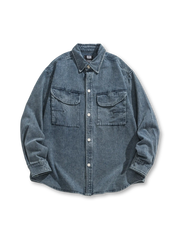 雪花柄ウォッシュ加工が施された長袖デニムシャツ全体像