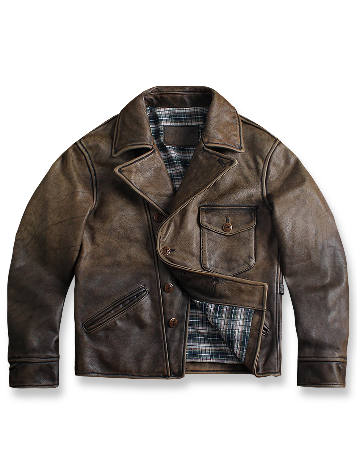 ウォッシュ加工されたトップレザーのバイカージャケット。