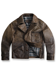 ウォッシュ加工されたトップレザーのバイカージャケット。