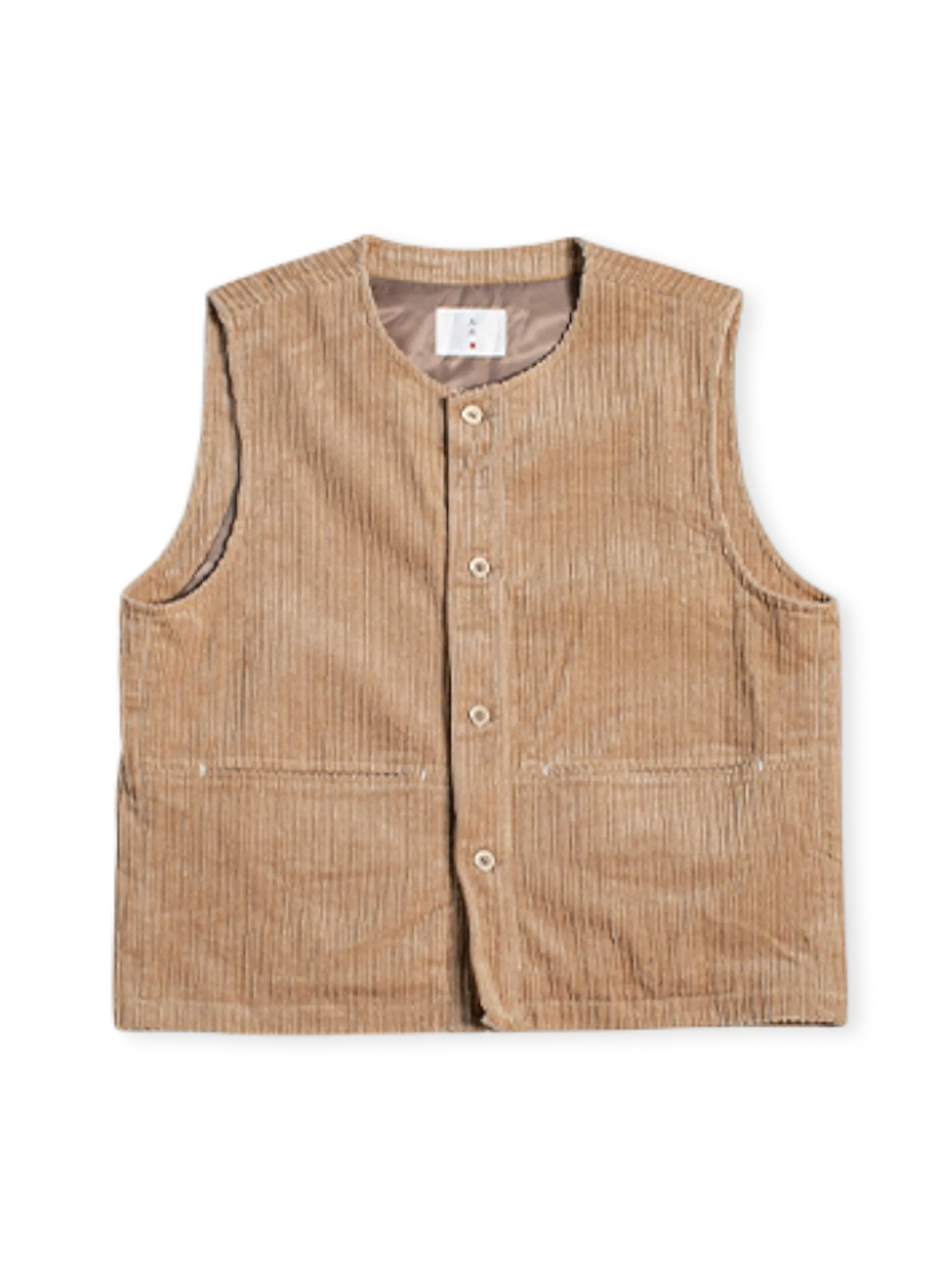 1960年代ワークベスト改良版、8条子母紋コーデュロイ生地使用の水洗い加工ヴィンテージベスト。手作業ロックエッジと樹脂ボタン付き。