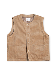1960年代ワークベスト改良版、8条子母紋コーデュロイ生地使用の水洗い加工ヴィンテージベスト。手作業ロックエッジと樹脂ボタン付き。