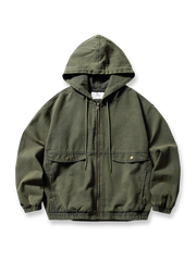 ウォッシュ加工ヴィンテージフード付きワークジャケットの全体正面画像、ダブルポケットとフード・ゴム袖口のディテール。